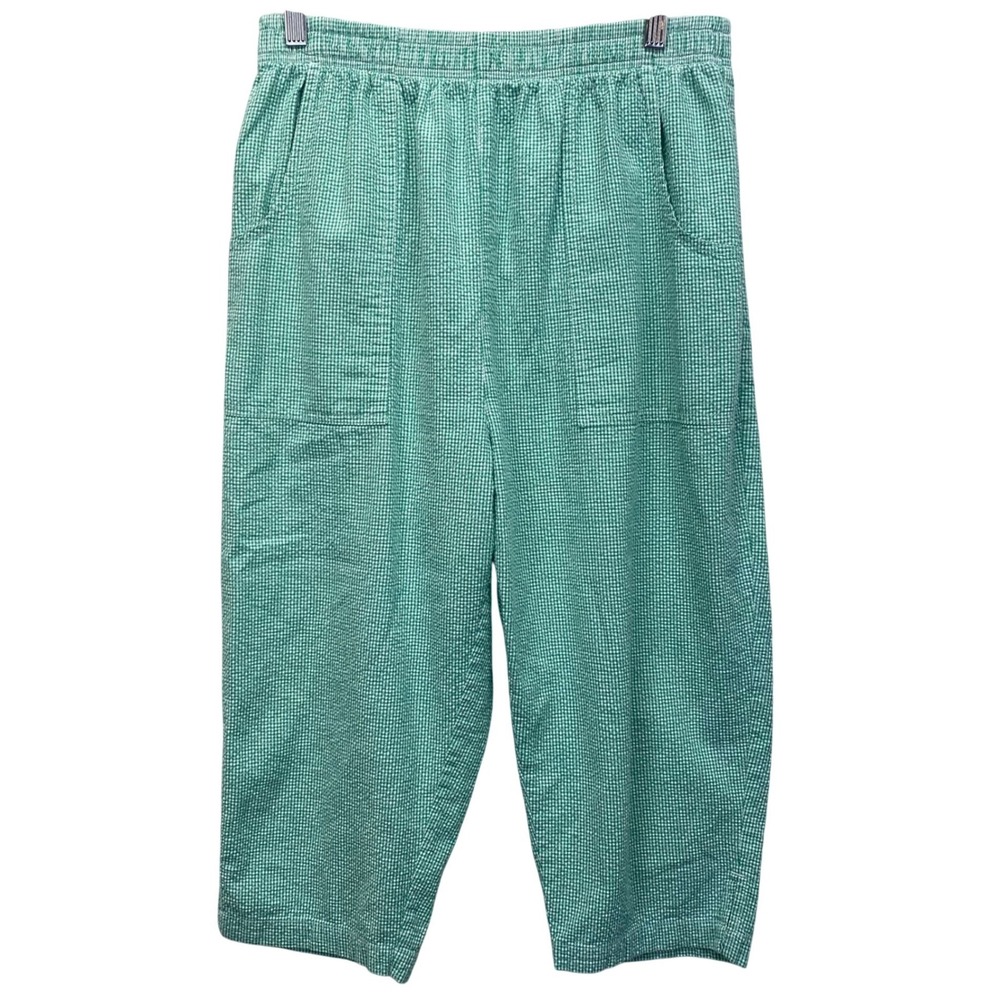Jennifer Lauren Womens L Green Gingham Seersucker Crop Pants Elastic Waist VTG‎